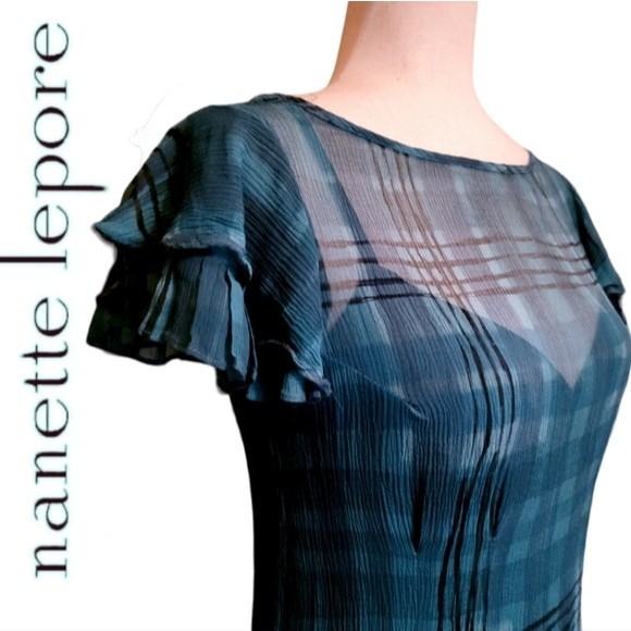 Beautiful Nanette Lapore 2-pc Silk Plaid Turqoiuse Blue Short Sleeve Dress, sz 2 - Picture 12 of 16